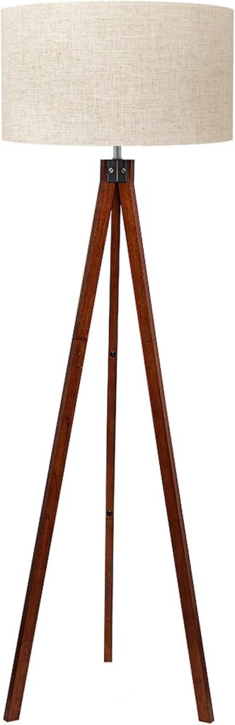 LEPOWER Wood Tripod Floor Lamp, Mid Century Standing Lamp, Modern Design Studying Light for Living Room, Bedroom, Study Room and Office, Flaxen Lamp Shade with E26 Lamp Base Brown